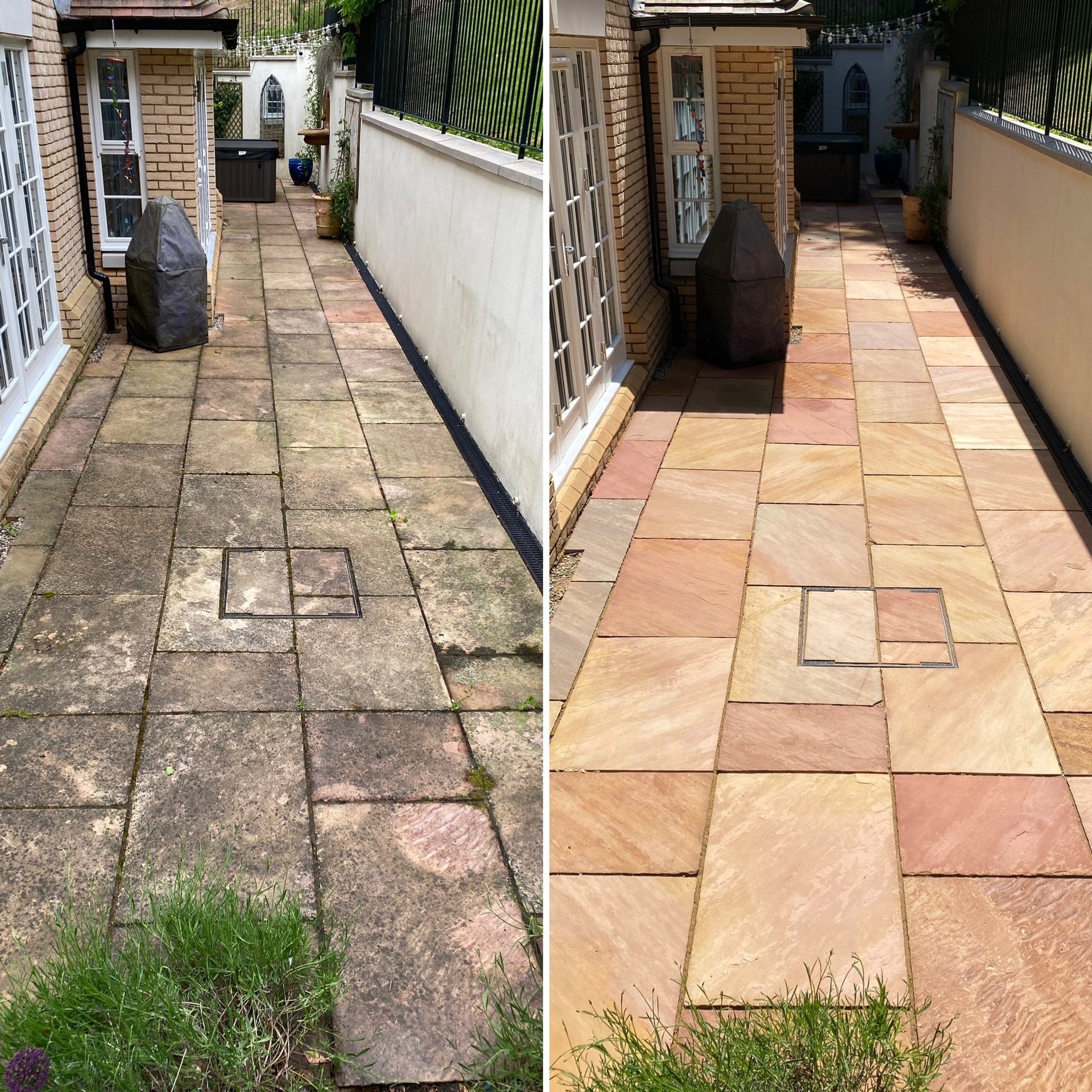 Natural stone patio before and after professional cleaning